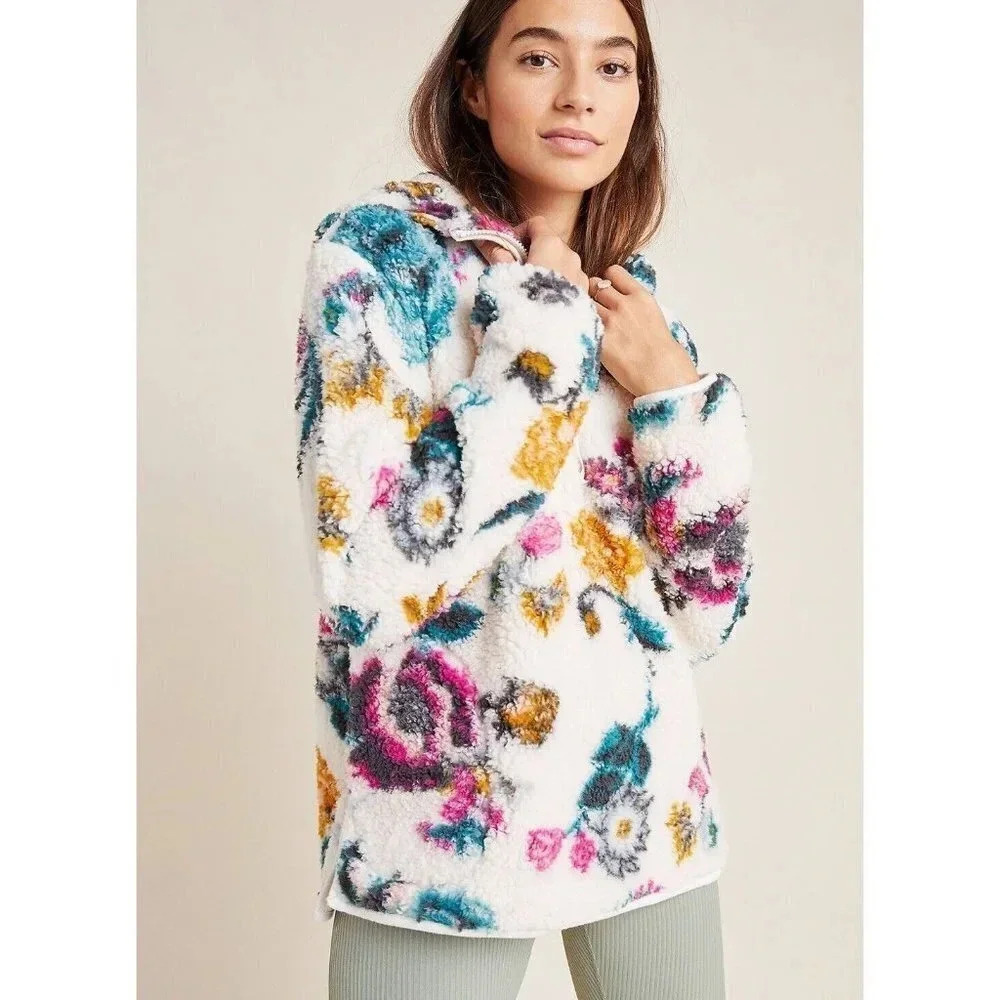 ANTHROPOLOGIE Rosemarie Hooded Sherpa Jacket Teddy Sweater Floral